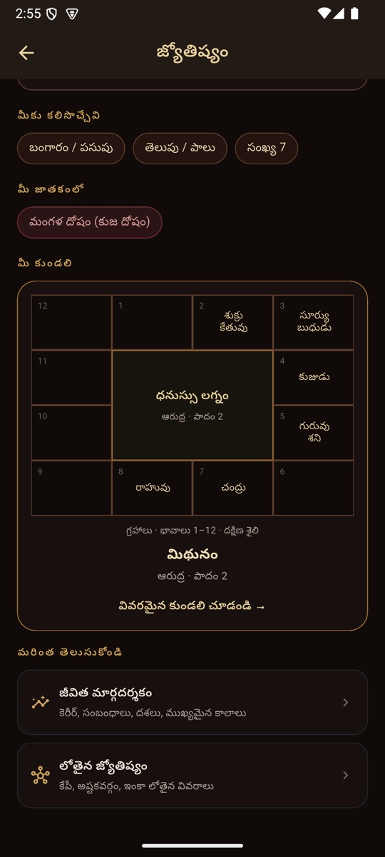South Indian kundali showing the twelve houses and planetary placements in Telugu