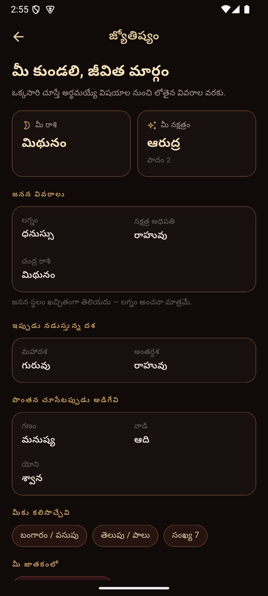 Birth details: rashi, nakshatra, lagna, nakshatra lord and the running dasha